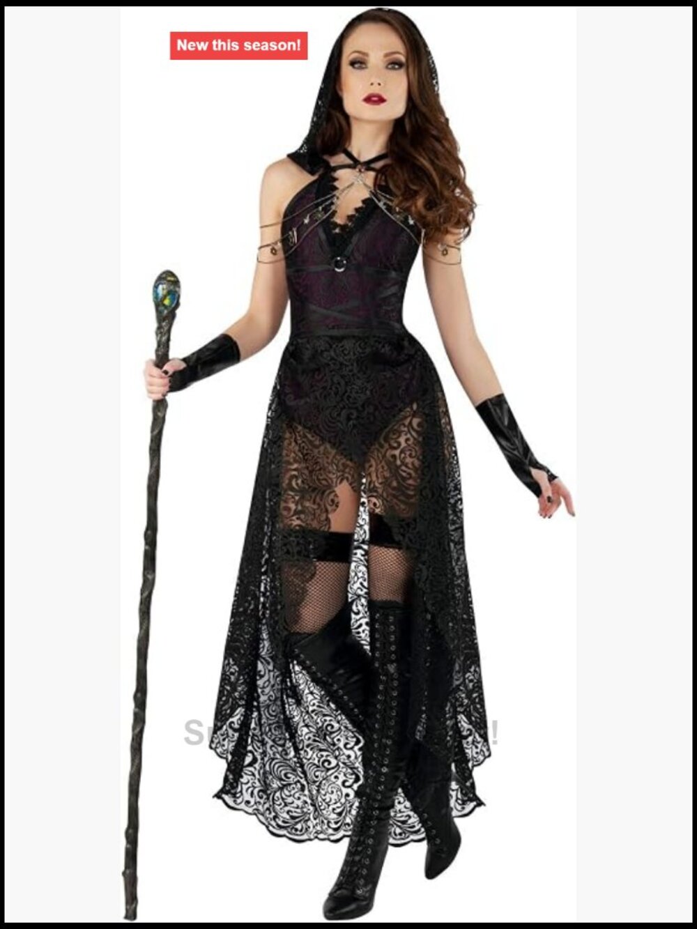 Womens Dark Priestess Costume Romper with Lace Overlayer Adult Sized Faux